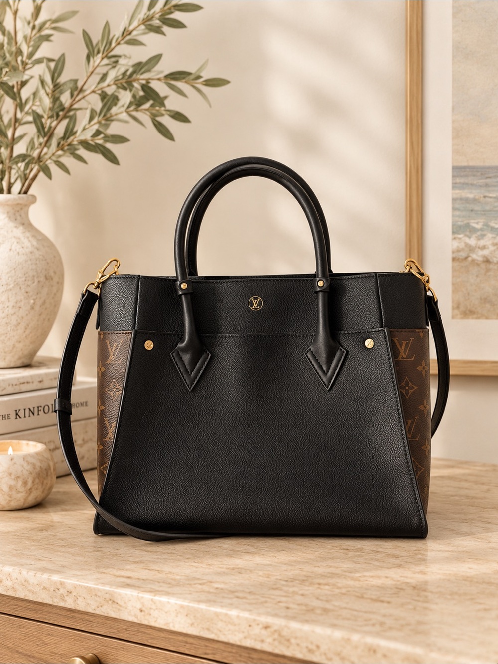 Louis Vuitton Black Leather Satchel with Monogram Side Panels and Gold Hardware
